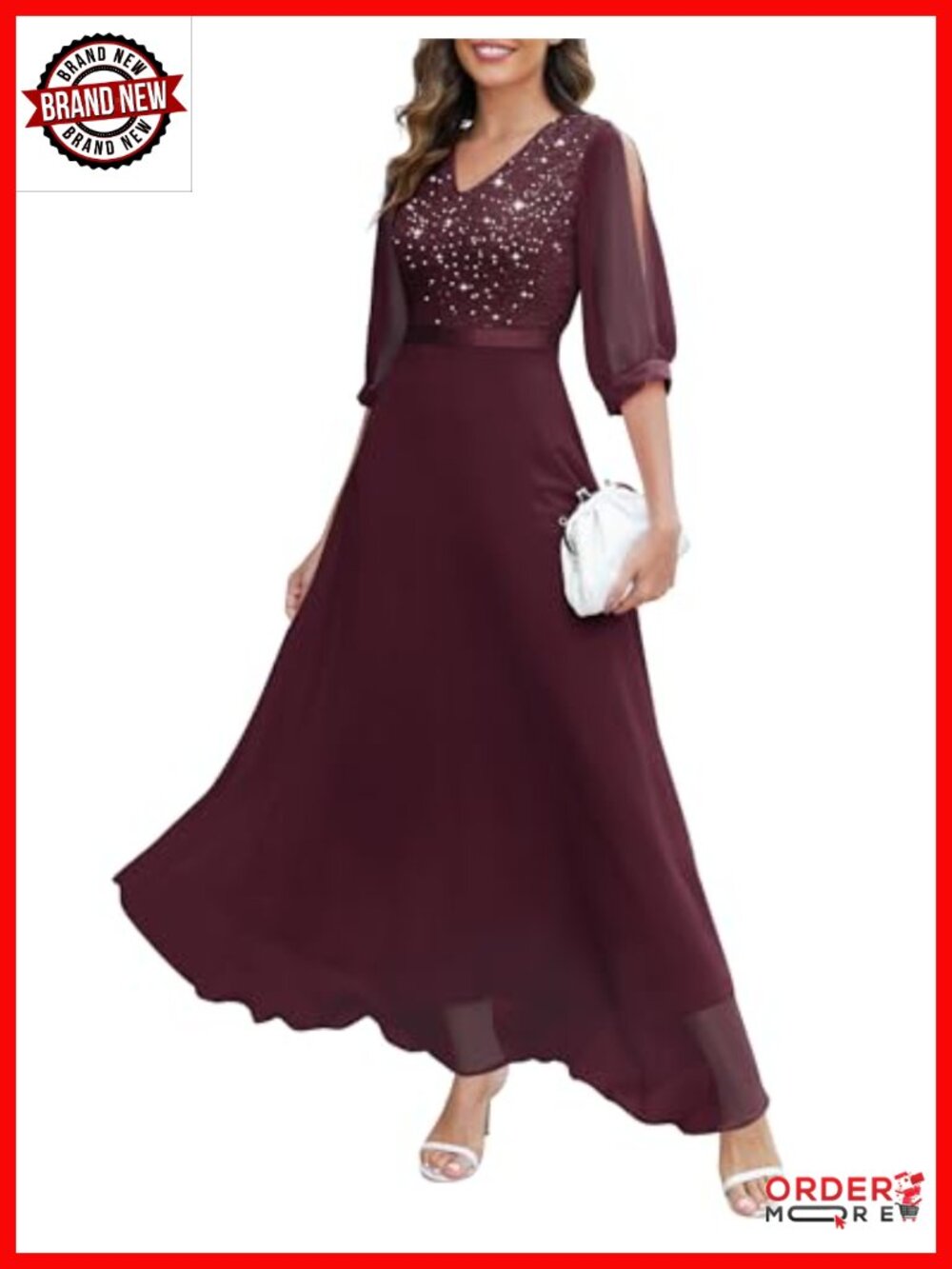 Sequin Lace Maxi Dress with Split Sleeves Formal Evening Gown
